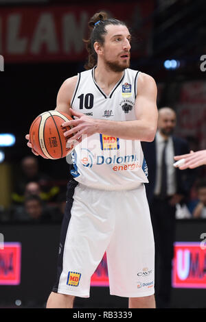 Milan, Italy. 06th Jan, 2019. Foto Claudio Grassi - LaPresse 06 gennaio 2019 Assago, Milano (Italia) Sport Basket Serie A Postemobile Basket 2018-2019  AX Armani Exchange Olimpia Milano - Dolomiti Energia Trentino Nella foto: Toto Forray (#10 Dolomiti Energia Trentino) Credit: LaPresse/Alamy Live News Stock Photo