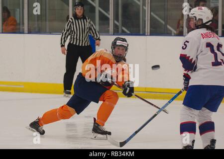 Dumfries, UK. 6 January 2019. Esther de Jong of Netherlands taking a shot during their match against Norway in the 2019 Ice Hockey U18 Women’s World Championship, Division 1, Group B at Dumfries Ice Bowl. Credit: Colin Edwards/Alamy Live News. Stock Photo