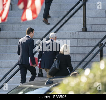 Washington DC, USA. 06th Jan, 2019. Senior Advisor Jared Kushner, United States Vice President Mike Pence and United States Secretary of Homeland Security (DHS) Kirstjen Nielsen walk to the Eisenhower Executive Office Building to continue negations with Democratic staff members to end the government shutdown. Credit: ZUMA Press, Inc./Alamy Live News Stock Photo
