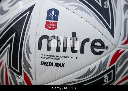 Woking, UK. 06th Jan, 2019. Detail of the FA Cup matchball ahead of the FA Cup 3rd round match between Woking and Watford at the Kingfield Stadium, Woking, England on 6 January 2019. Photo by Andy Rowland. . (Photograph May Only Be Used For Newspaper And/Or Magazine Editorial Purposes. www.football-dataco.com) Credit: Andrew Rowland/Alamy Live News Stock Photo