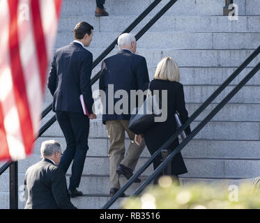 Washington DC, USA. 06th Jan, 2019. Senior Advisor Jared Kushner, United States Vice President Mike Pence and United States Secretary of Homeland Security (DHS) Kirstjen Nielsen walk to the Eisenhower Executive Office Building to continue negations with Democratic staff members to end the government shutdown. Credit: ZUMA Press, Inc./Alamy Live News