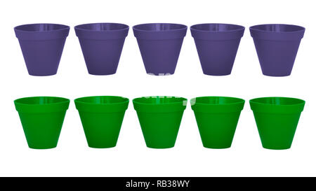 Rows of plastic flower pots isolated on white background with reflection. Green and violet colors. Stock Photo