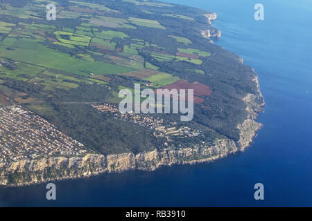 Coastal landscape aerial view of Cala Blava area on a sunny afternoon in south Mallorca, Spain