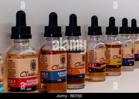 Indianapolis - Circa January 2019: Flavored Vape Juices.  The FDA is considering vaping regulations to deter children from getting addicted to nicotin Stock Photo