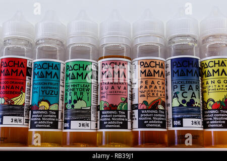 Indianapolis - Circa January 2019: Flavored Vape Juices.  The FDA is considering vaping regulations to deter children from getting addicted to nicotin Stock Photo