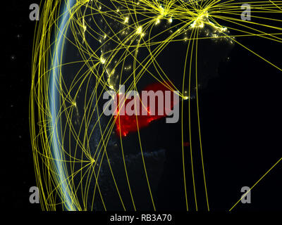 Yemen from space on model of Earth at night with international network. Concept of digital communication or travel. 3D illustration. Elements of this  Stock Photo