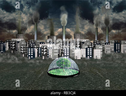 Environmental Concept: Dark city with factory chimneys under threatening sky. In front of it a green tree under a glass dome. 3d rendering Stock Photo