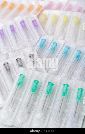 Close-up of hypodermic needles. Specifically BD Microlance brand (Add. Info for types). Metaphor NHS, inoculation, flu jab, medical supplies. Stock Photo