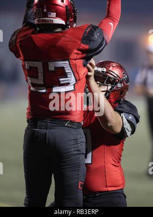 Football action with Shasta vs. Foothill High School in Palo Cedro, California. Stock Photo