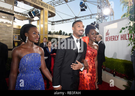 Lupita Nyong'o, Michael B. Jordan and Danai Gurira arrive at the 76th Annual Golden Globe Awards at the Beverly Hilton in Beverly Hills, CA on Sunday, January 6, 2019. Stock Photo