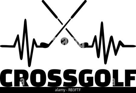 Heartbeat pulse line with two crossed crossgolf clubs and a ball Stock Vector
