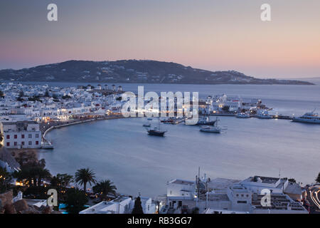 beautiful twilight over Mykonos town  Mykonos island,  Cyclades archipelago,  Greece Stock Photo