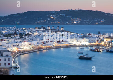 beautiful twilight over Mykonos town  Mykonos island,  Cyclades archipelago,  Greece Stock Photo