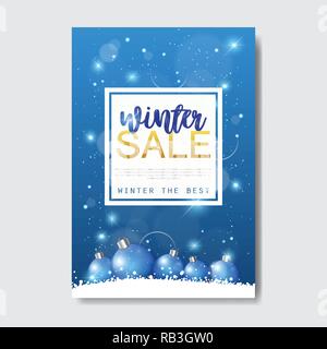 winter sale flyer design christmas balls glittering snowflakes season shopping template special discount vertical poster over blue blur background flat Stock Vector