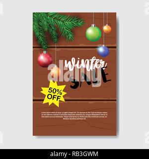 winter sale flyer design christmas balls fir tree branch season shopping template special discount vertical poster over brown wooden background flat copy space Stock Vector