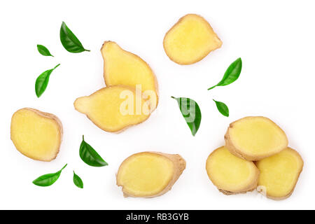 slices of fresh Ginger root with leaves isolated on white background. Top view. Flat lay Stock Photo