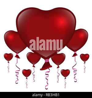 Valentines Day red balloons on white background, cute romantic backdrop for web and print vector illustration.  Greeting card template, wedding invita Stock Vector