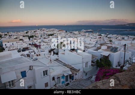 beautiful twilight over Mykonos town  Mykonos island,  Cyclades archipelago,  Greece Stock Photo
