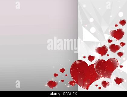 Bright Valentines Day Card with mirrored red heart polygonal geometric triangles  bright silver background with tinsel, copy space template.Vector ill Stock Vector