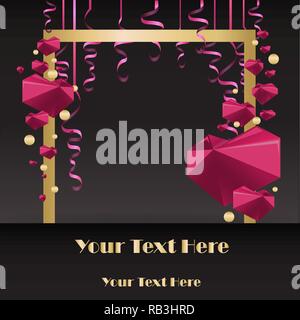 Sale flayer with confetti and square golden border on black background, with golden and pink ribbons template for web and print decoration, with geome Stock Vector