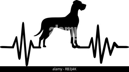 Heartbeat pulse line with Great Dane dog silhouette Stock Vector