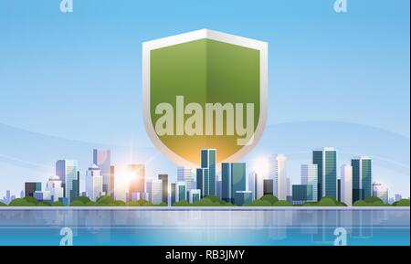 shield icon data privacy protection and security concept over big modern city building skyscraper cityscape skyline flat horizontal vector illustration Stock Vector