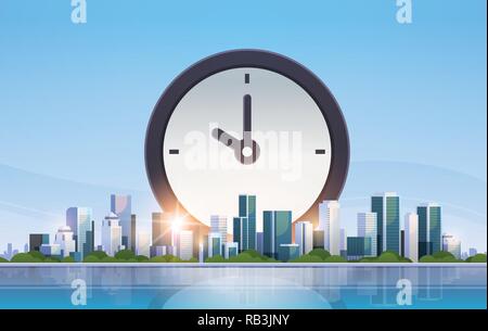 clock icon time management deadline business timing concept over big modern city building skyscraper cityscape skyline flat horizontal Stock Vector