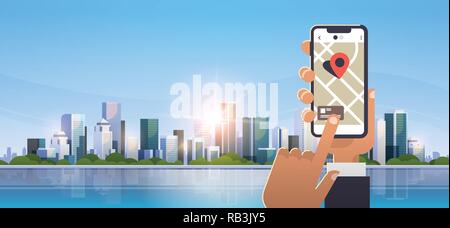 hand holding cell phone using online mobile map application gps navigation concept over modern city building skyscraper cityscape background flat horizontal Stock Vector