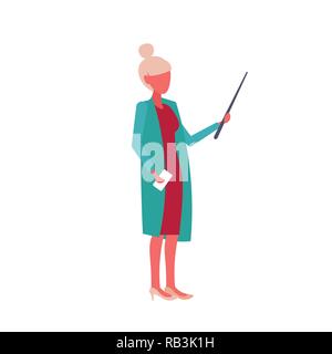 businesswoman holding wooden pointer business woman or teacher giving presentation lecture concept female cartoon character full length isolated flat Stock Vector