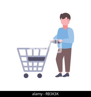 man holding trolley cart buying products big shopping concept supermarket customer male cartoon character full length flat isolated Stock Vector