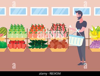 customer man with basket buying fresh organic fruits vegetables modern supermarket shopping mall interior male cartoon character full length flat horizontal Stock Vector