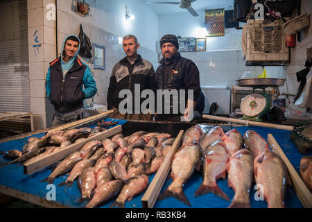 Fishes being sold in the local market in the town of Zakho in Kurdistan Iraq. Stock Photo