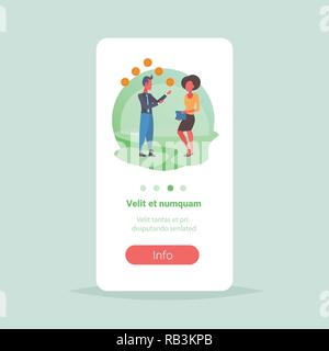 businessman bitcoin mining specialists giving woman consultation crypto currency financial consulting concept businesspeople communication flat vector illustration Stock Vector