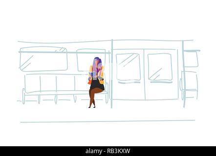 casual woman subway passenger sitting metro train reading book interior view public underground city transport concept female cartoon character sketch doodle horizontal Stock Vector