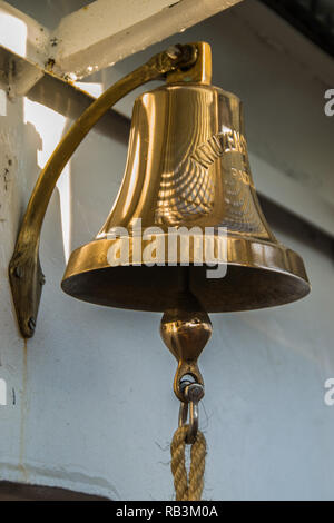 Copper ship bell  on russian ship Stock Photo