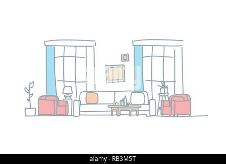 modern living room interior empty house furniture sketch doodle horizontal Stock Vector