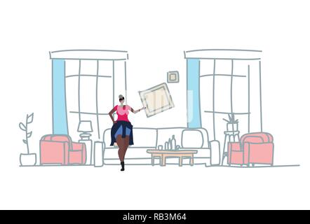 african american woman hanging photo frame modern living room interior house decoration sketch doodle horizontal Stock Vector