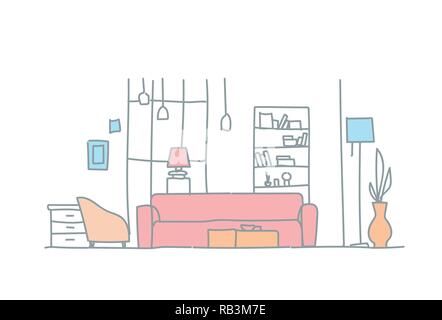 modern living room interior empty house furniture sketch doodle horizontal Stock Vector