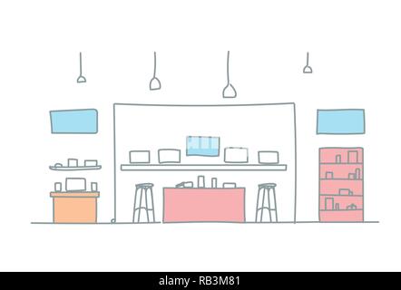 modern electronics store shop interior digital technology gadgets mall sketch doodle horizontal Stock Vector