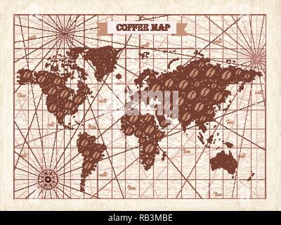 Coffee break. Coffee time. Coffee beans. Turkish coffee. World map Wind rose Stock Vector