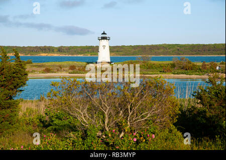 Edgartown lighthouse is a popular tourist attraction on a summer day on Martha’s Vineyard island in Massachusetts. Stock Photo