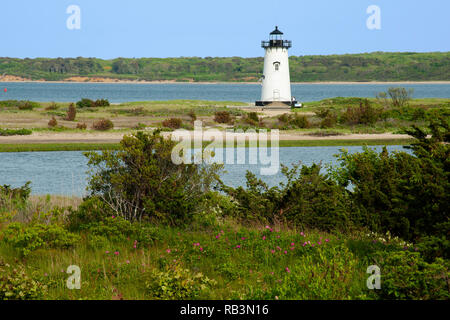Edgartown Harbor lighthouse is surrounded by beach roses and wildflowers during the summer season on Martha’s Vineyard island. Stock Photo