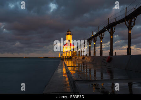 Michigan City Lighthouse at sunrise.  Michigan City, Indiana, USA Stock Photo