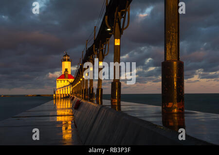 Michigan City Lighthouse at sunrise.  Michigan City, Indiana, USA Stock Photo