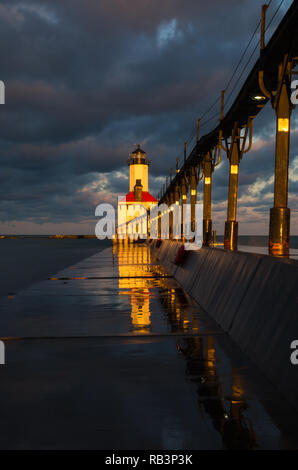 Michigan City Lighthouse at sunrise.  Michigan City, Indiana, USA Stock Photo