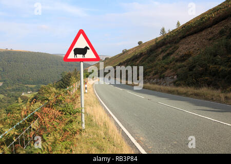 Sheep Crossing Sign, Horseshoe Pass, popular with hikers, near Llangollen, Denbighshire, North Wales, Wales, United Kingdom Stock Photo