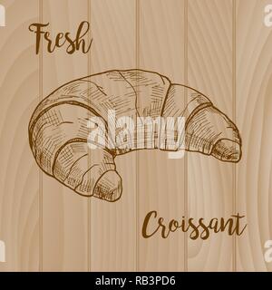 Fresh croissant on wooden background. Vector illustration of a sketch style. Stock Vector