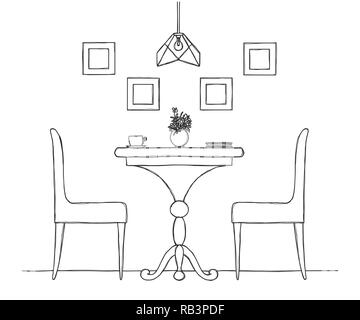 Part of the dining room. Round table and chairs.On the table vase of flowers.  Hand drawn sketch.Vector illustration Stock Vector