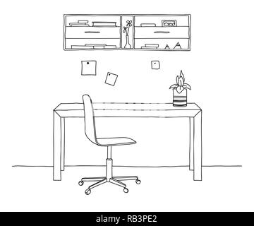 Sketch the room. Office chair, desk, various objects on the table. Sketch workspace. Vector illustration Stock Vector