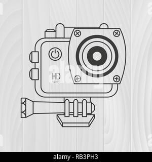 Sport camera, action camera on wooden background. Vector illustration in line style. Stock Vector